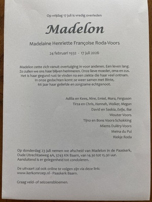 rouwkaart Madelon Roda rouwkaart Madelon Roda
